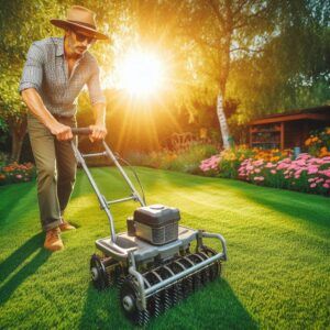 Homeowner aerating the lawn